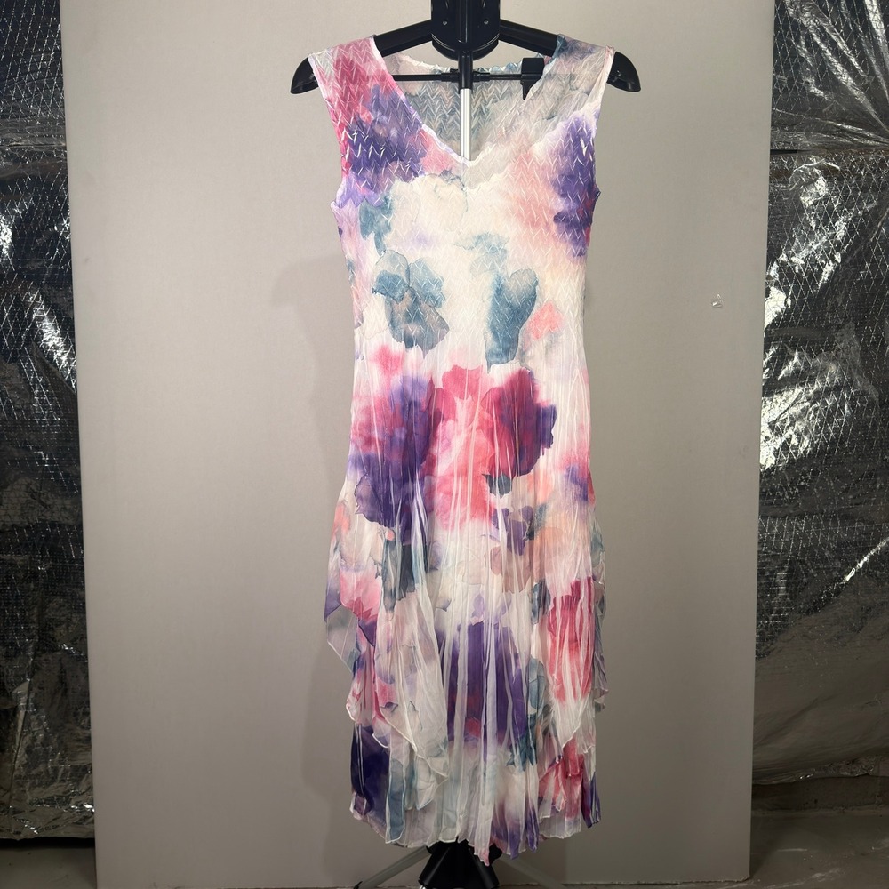 Komarov Dress Womens Small Purple Pink Watercolor Floral Pleated Midi Tiered Hem